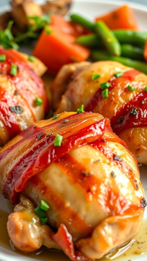 Bacon-wrapped chicken thighs on a plate with fresh herbs and roasted vegetables.